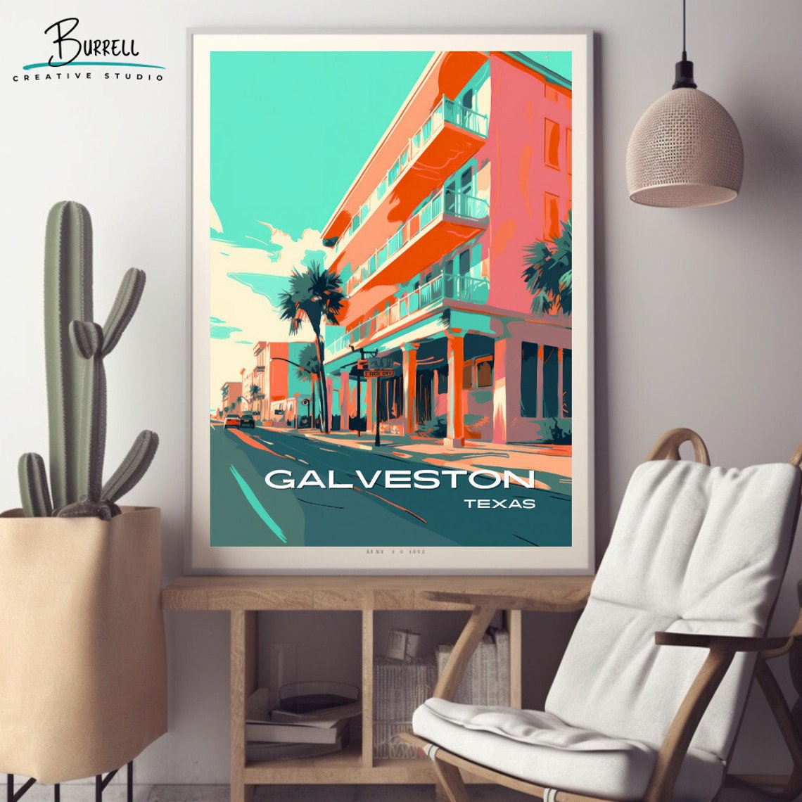Galveston Texas Seawall Boulevard Pink Building Retro Travel Poster