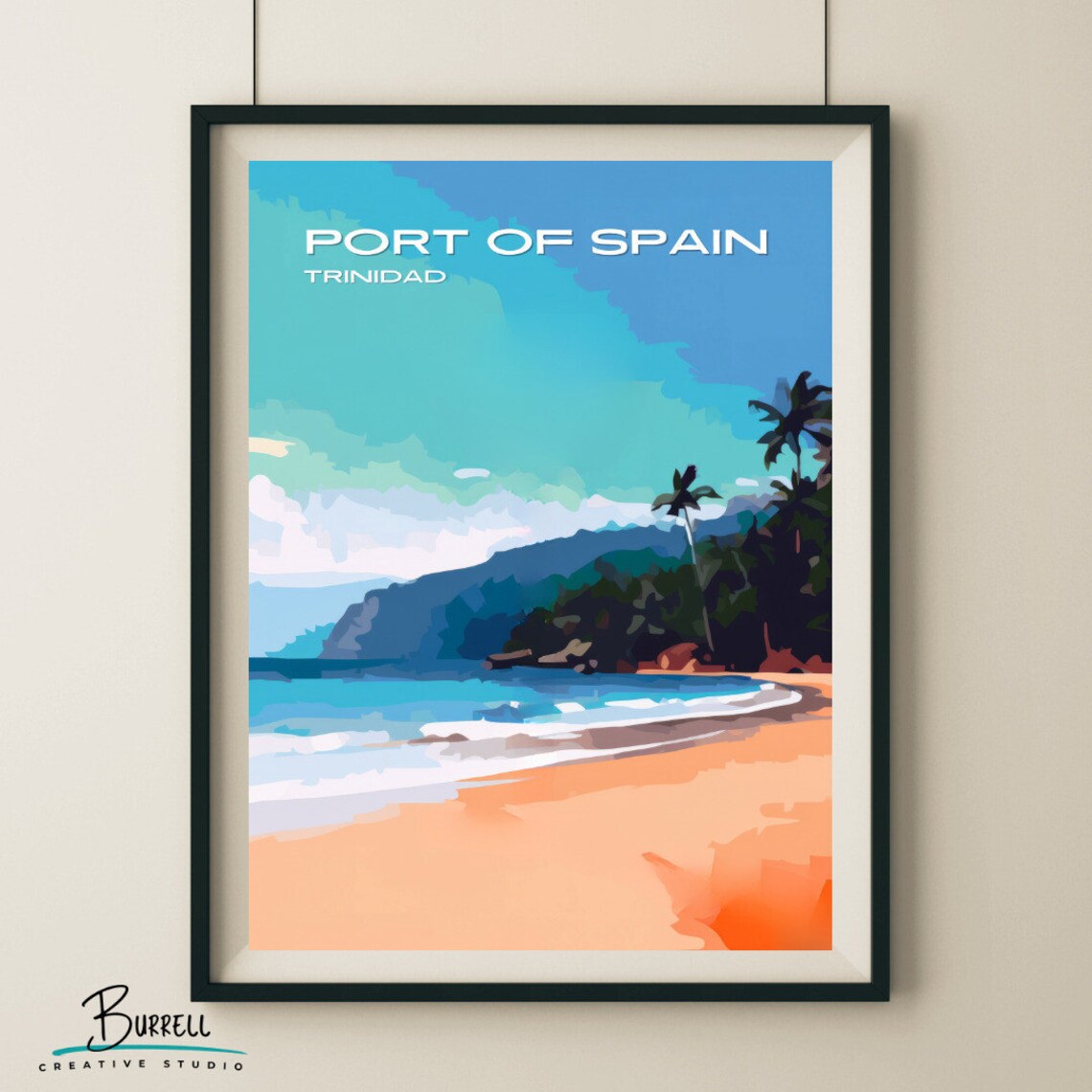 Port of Spain Trinidad Golden Beach Cliffs Palm Shore Travel Poster