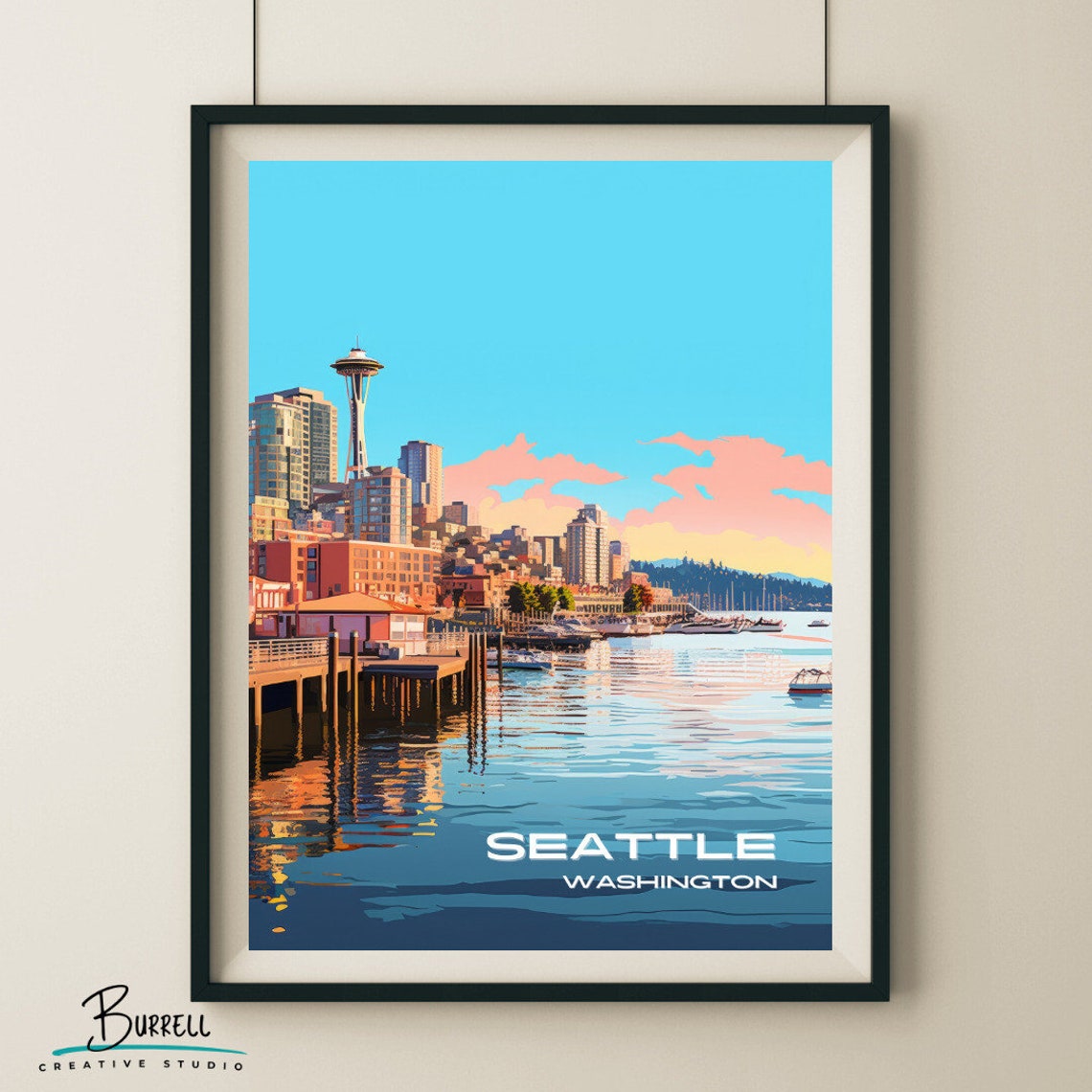 Seattle Washington Space Needle Waterfront Piers Harbor Travel Poster
