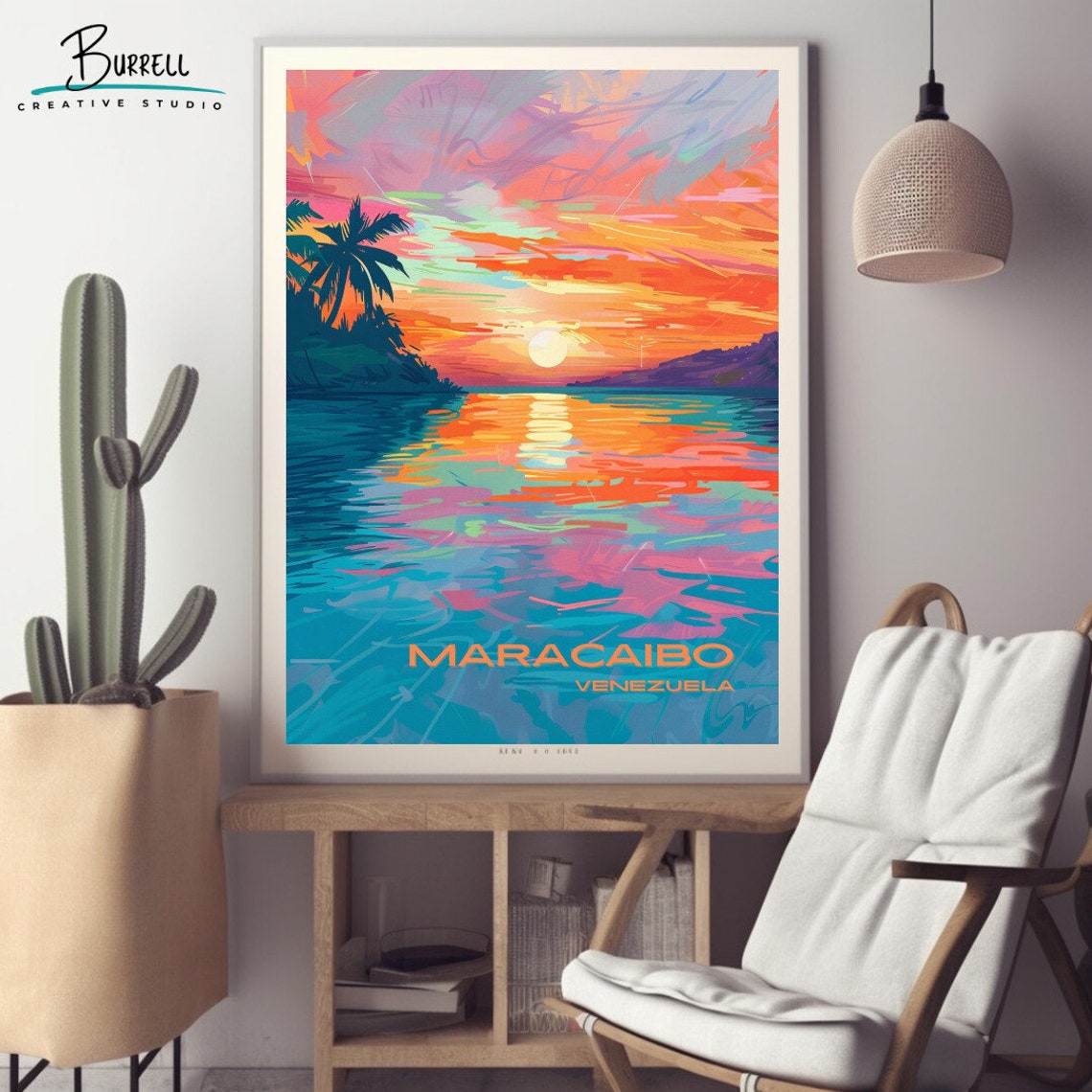 Maracaibo Venezuela Lake Sunset Palm Trees Tropical Travel Poster