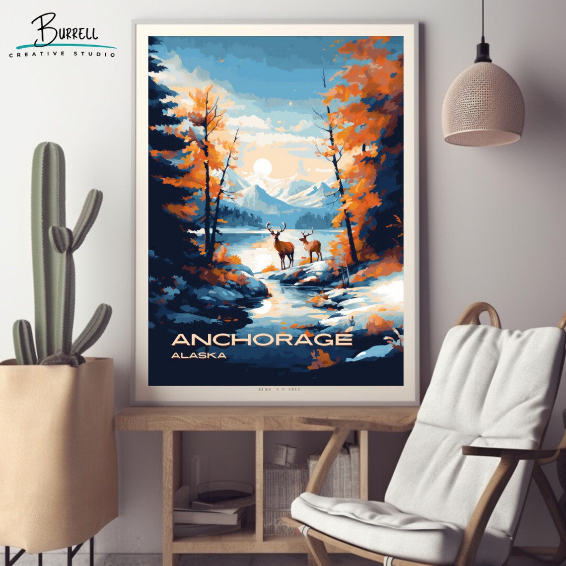 Anchorage Alaska Autumn Lake Moonlit Deer Forest Shore Poster - Image 2