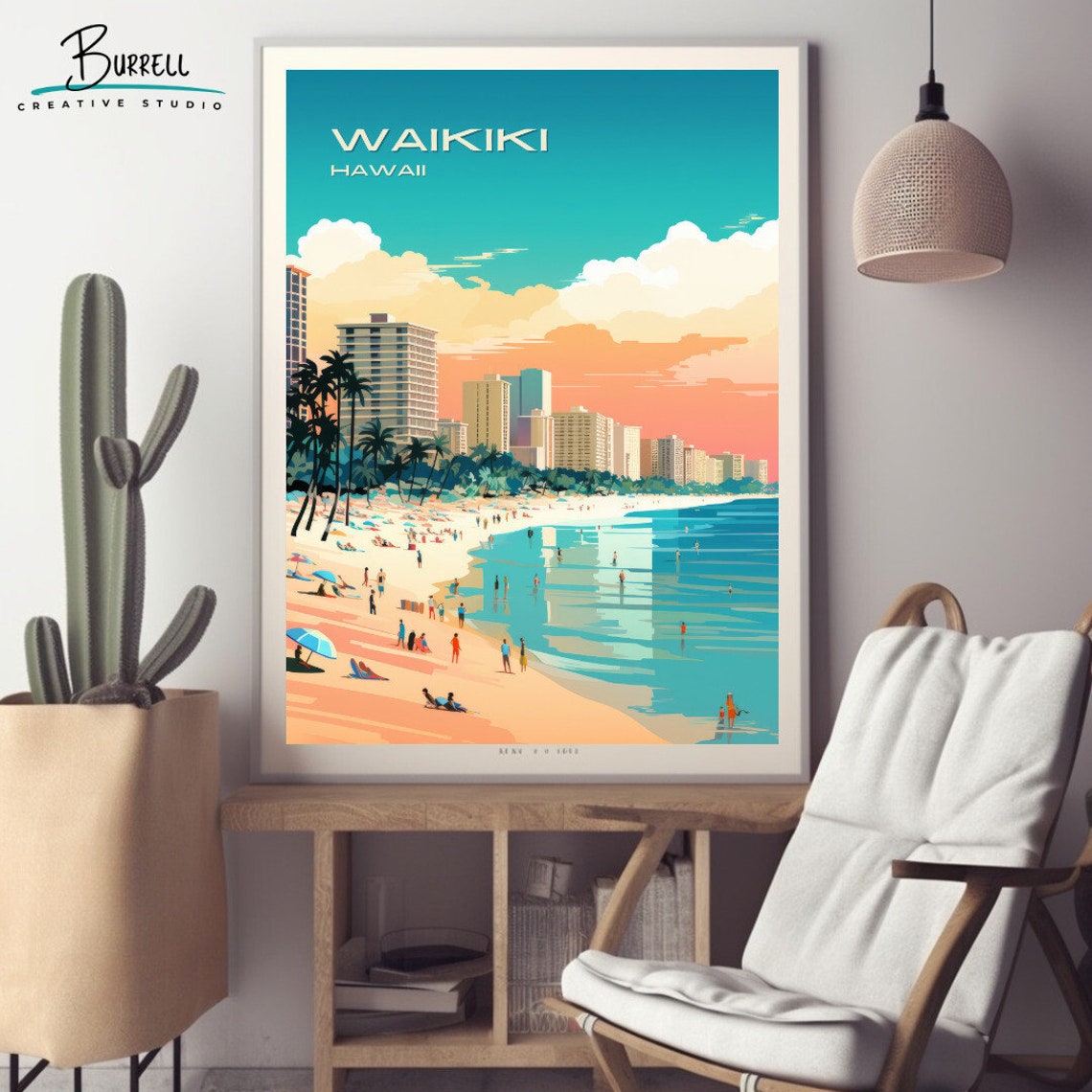 Waikiki Hawaii Beach High Rises Crowded Shore Sunset Travel Poster - Image 2