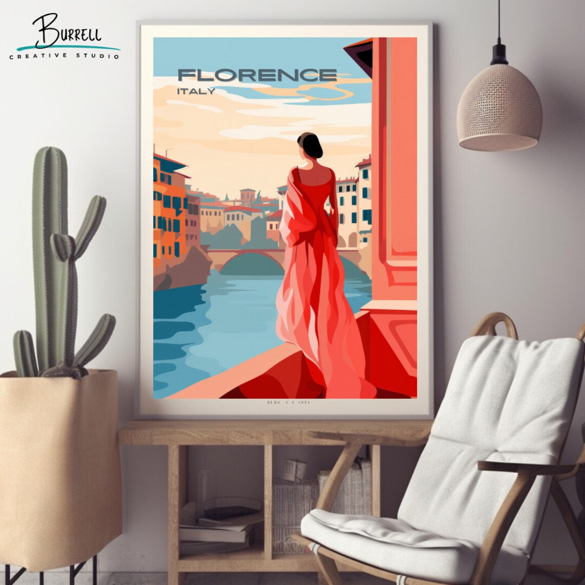Florence Italy Woman in Red Dress Overlooking the Arno River Poster - Image 2