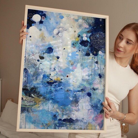 Celestial Abstract Wall Art Dreamy Blue White Sky Painting Modern Cosmic Decor Cloud Inspired Artwork For Living Room Or Bedroom