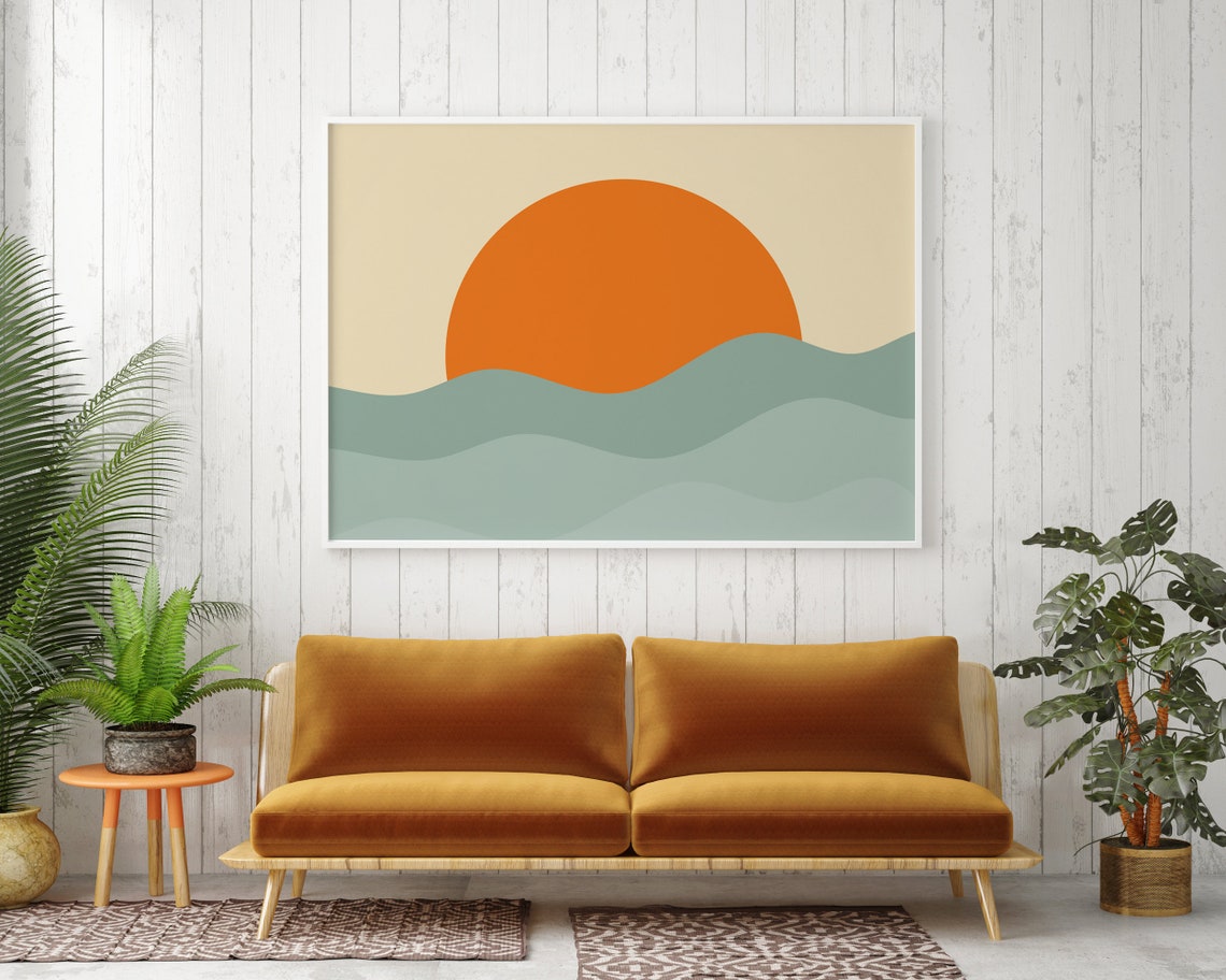 Orange Sun Over Ocean Waves Retro 70s Minimalist Boho Art Poster