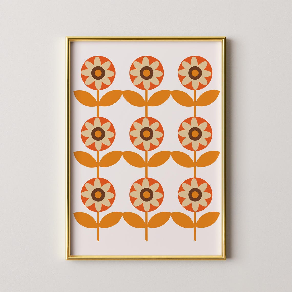 70s Flower Power Daisy Grid Retro Orange Floral Wall Art Decor