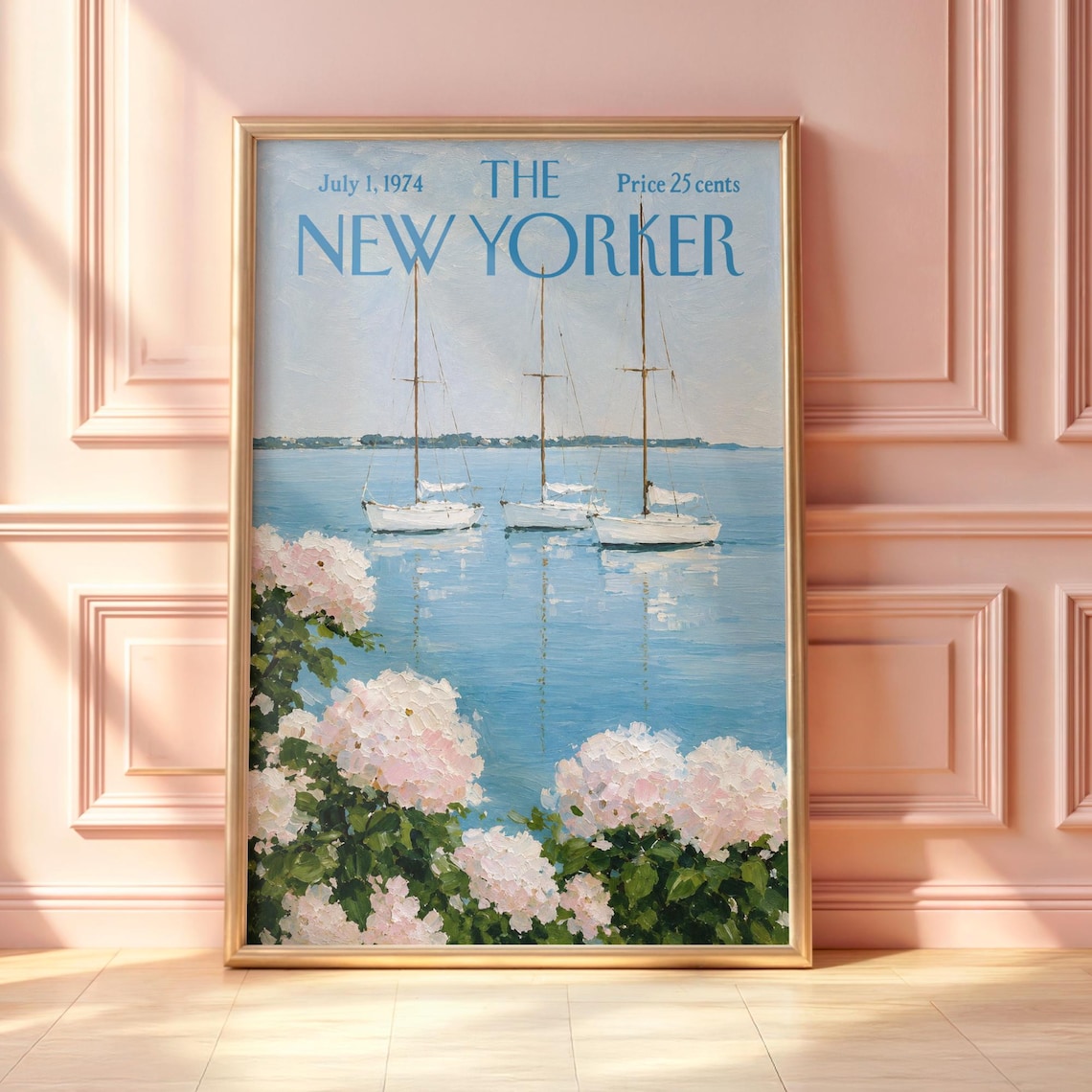 Vintage New Yorker Sailboat Poster, Coastal Harbor Art