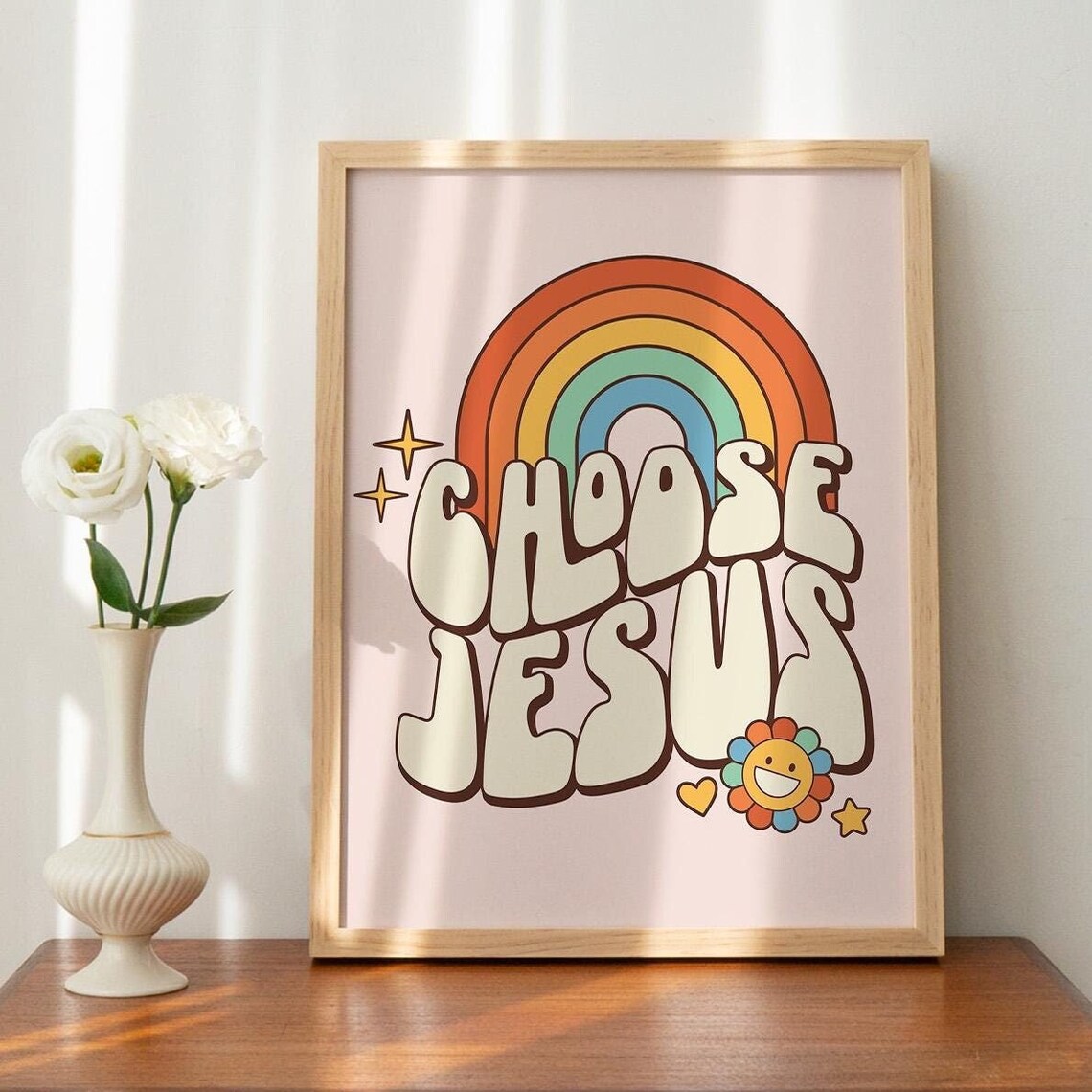 Groovy Rainbow Choose Jesus Retro Daisy Christian Scripture Poster