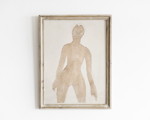 Minimalist Nude Figure Sketch Sepia Wash Tonal Line Art Poster