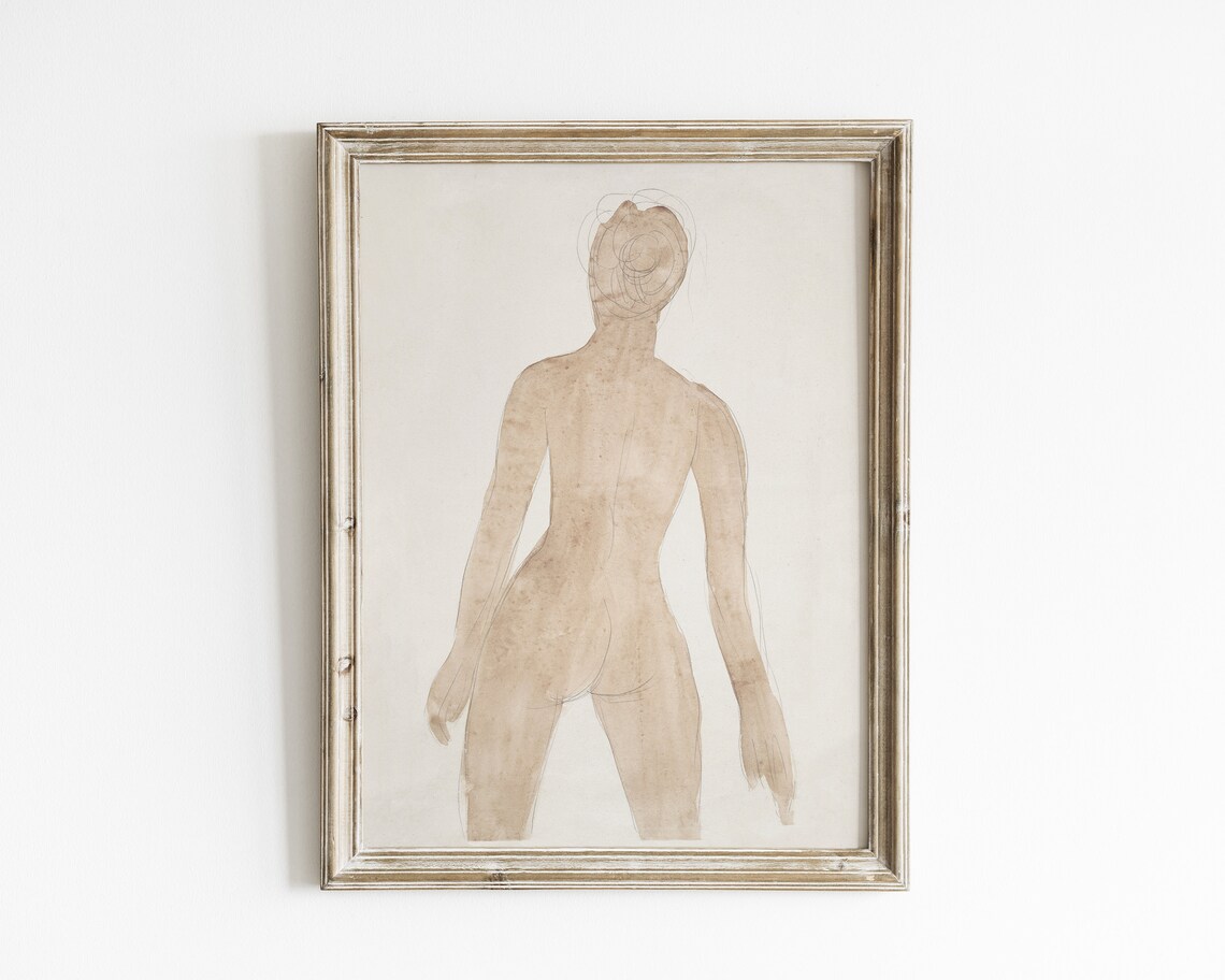 Minimalist Nude Figure Sketch Sepia Wash Tonal Line Art Poster