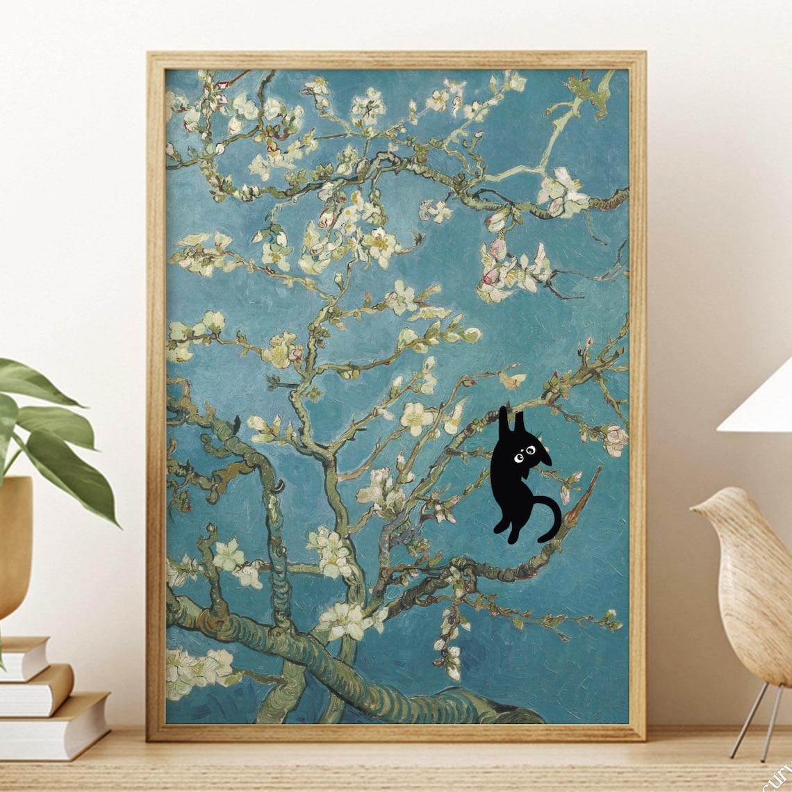 Black Cat in Almond Blossom, Van Gogh-Inspired Art Print