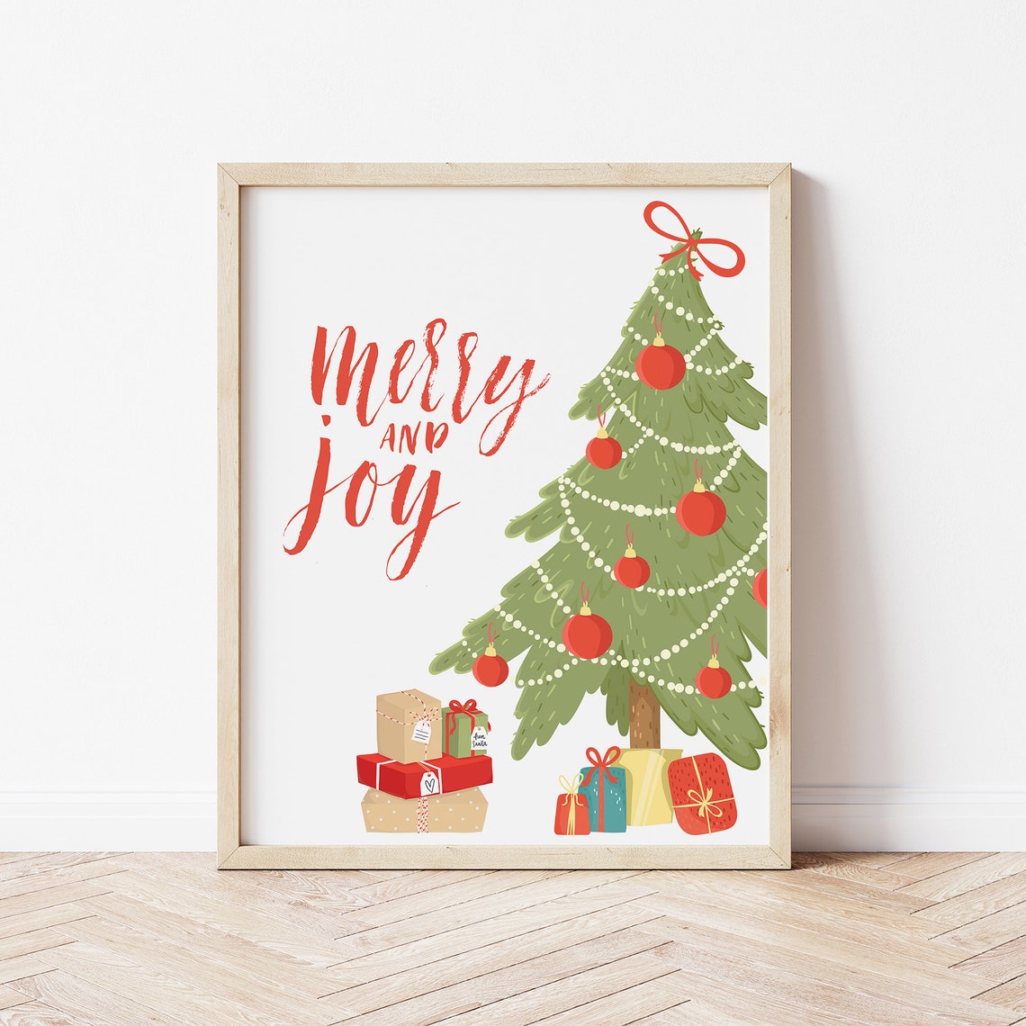Merry And Joy Red Script Decorated Christmas Tree Gift Print