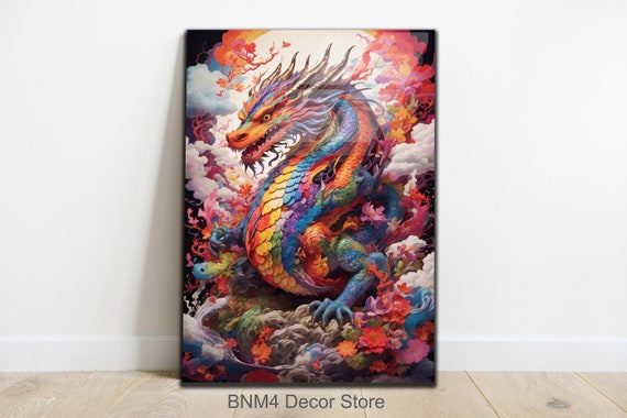 Dragon Asian Culture Floral Painting, Art Print