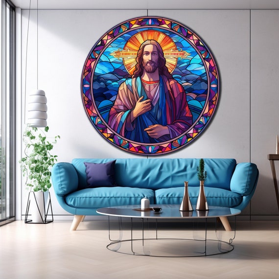 Jesus Tempered Glass Wall Art Jesus Christ Round Glass Catholic Round Wall Art Jesus Stained Pattern Christian Wall Art Bible Verse