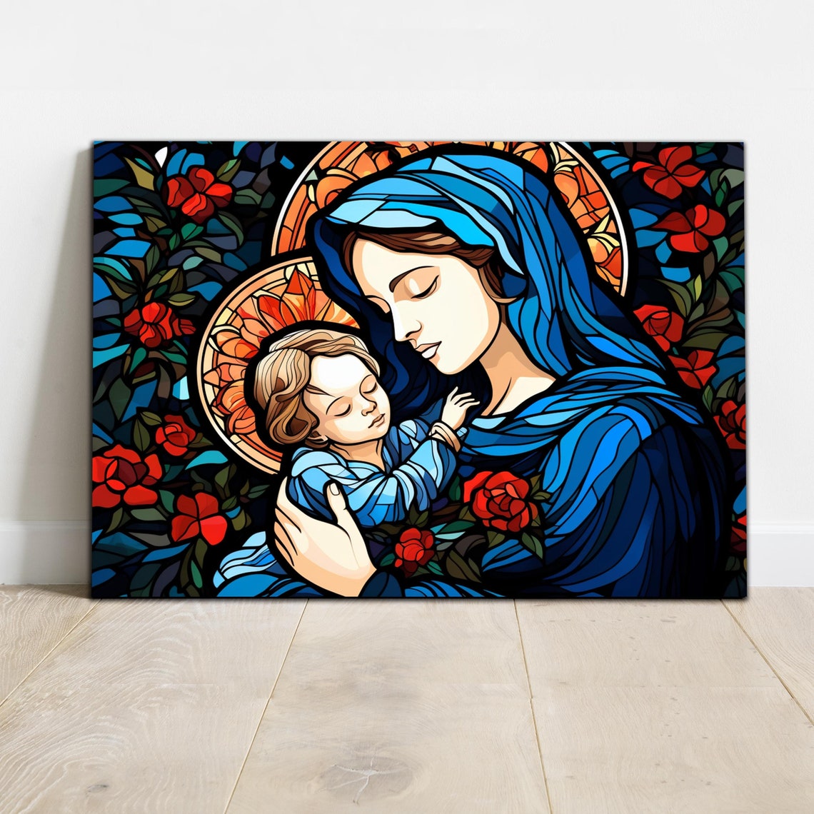 Stained Glass Virgin Mary Holding Child Jesus Rose Floral Wall Art