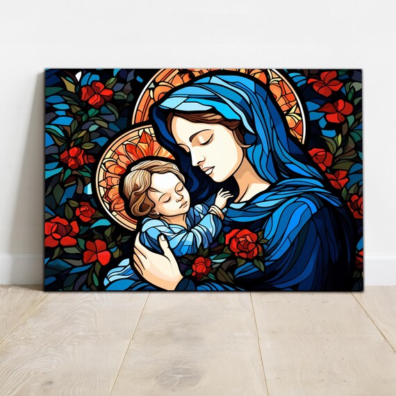 Stained Glass Virgin Mary Holding Child Jesus Rose Floral Wall Art