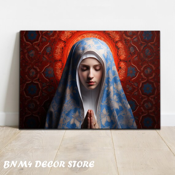 Praying Virgin Mary in Blue Floral Veil with Red Ornate Background Poster