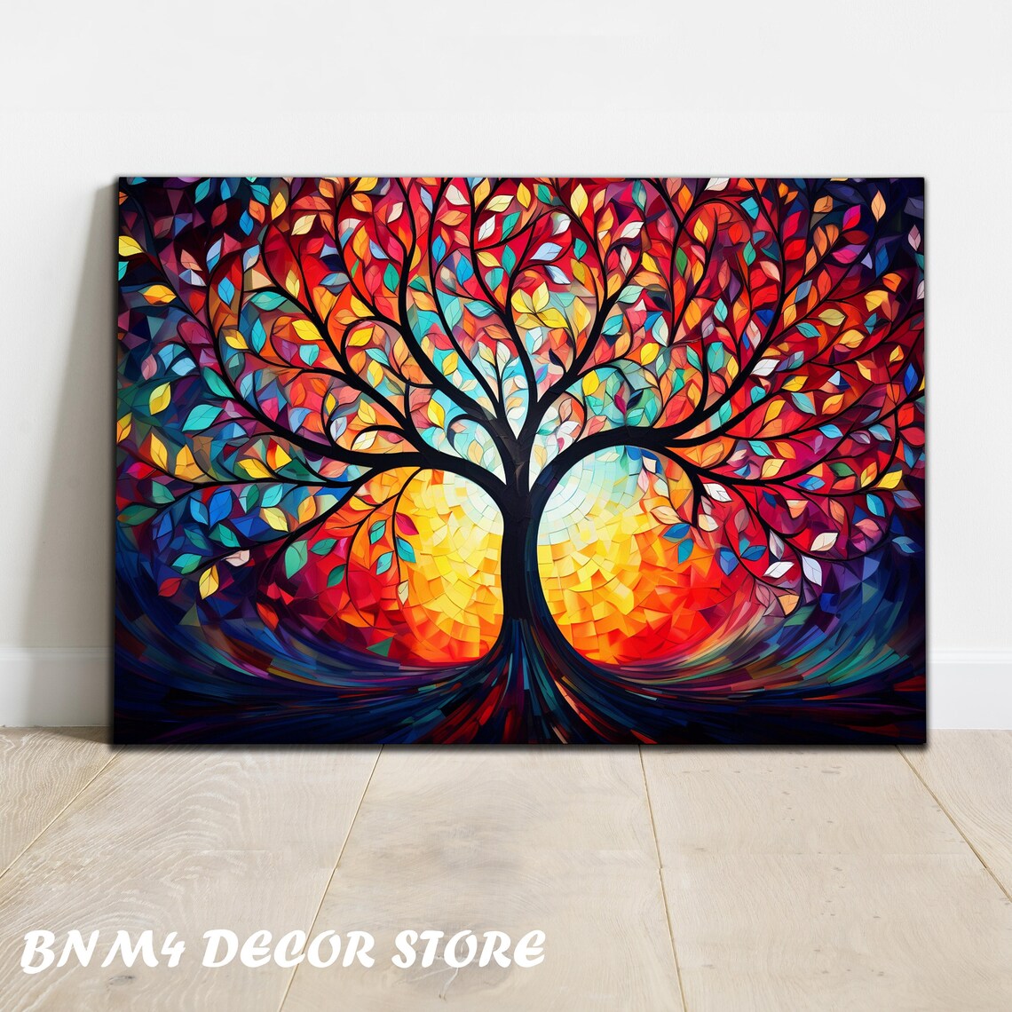 Fiery Tree of Life Mosaic Over Golden Sun with Swirling Roots Poster