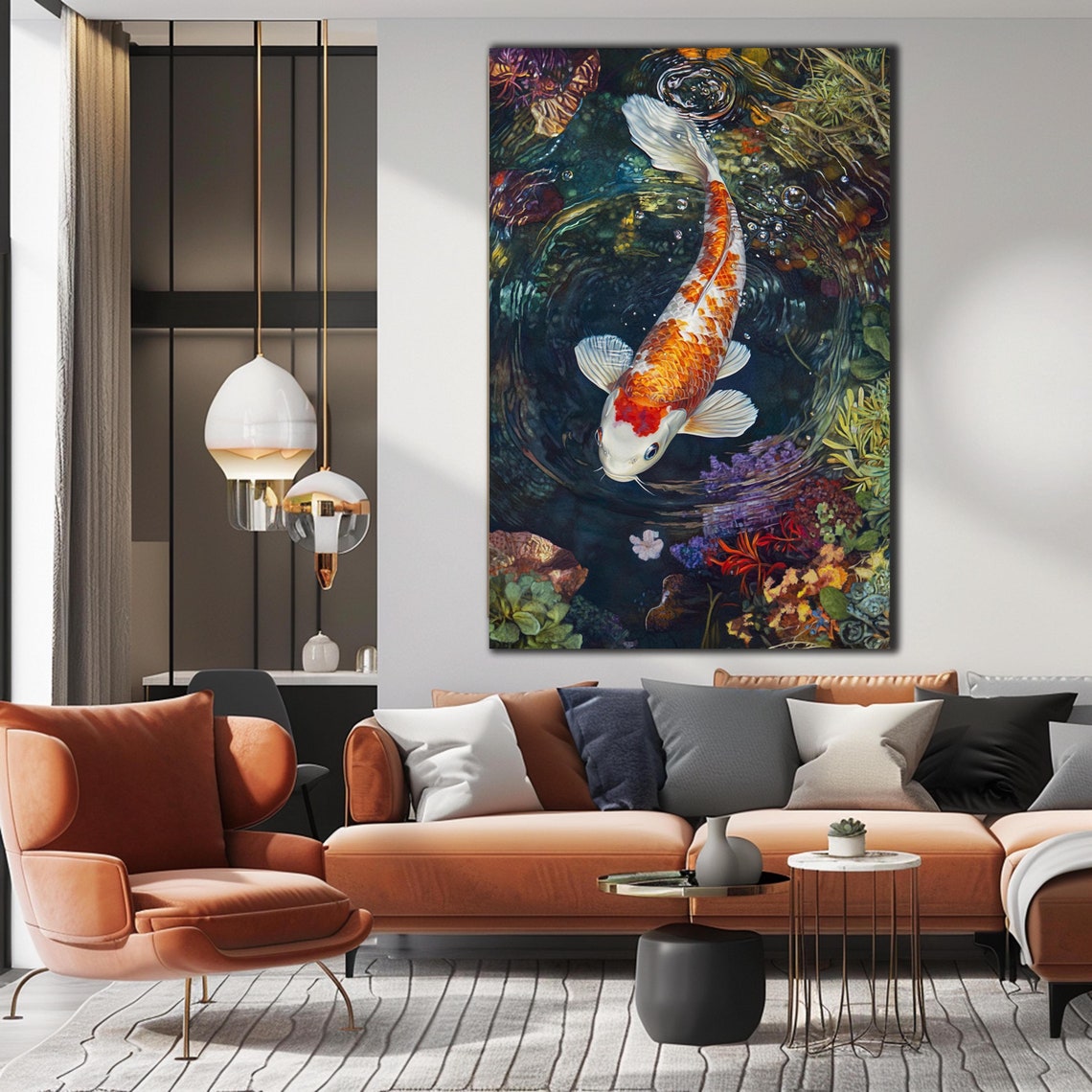 Japanese Koi Fish Swimming Overhead Colorful Water Plants Art Poster