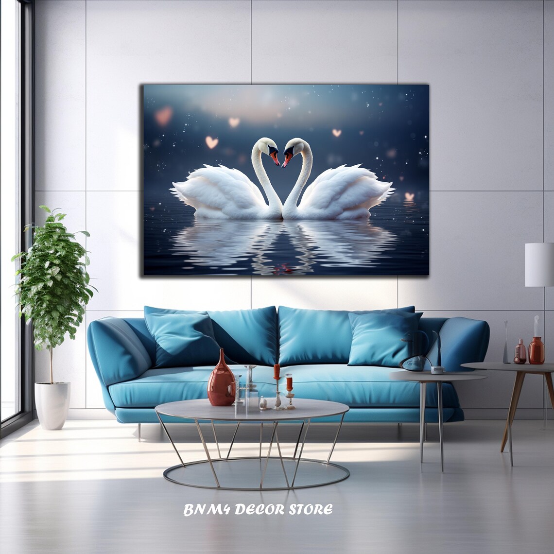 White Swans Couple Wall Art Print, Love and Nature