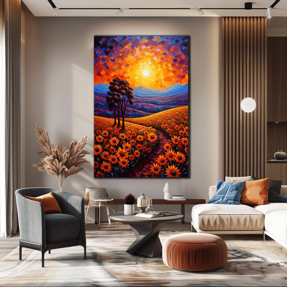 Sunflower Field Sunset Mosaic Style Golden Bloom Landscape Wall Art