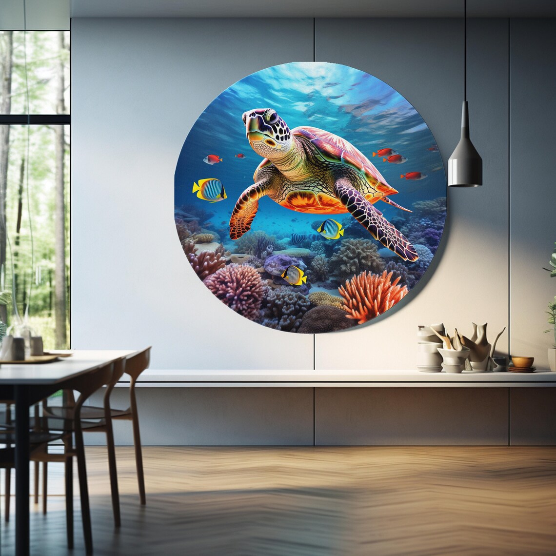 Sea Turtle Ocean Wall Art Print, Round Glass Decor