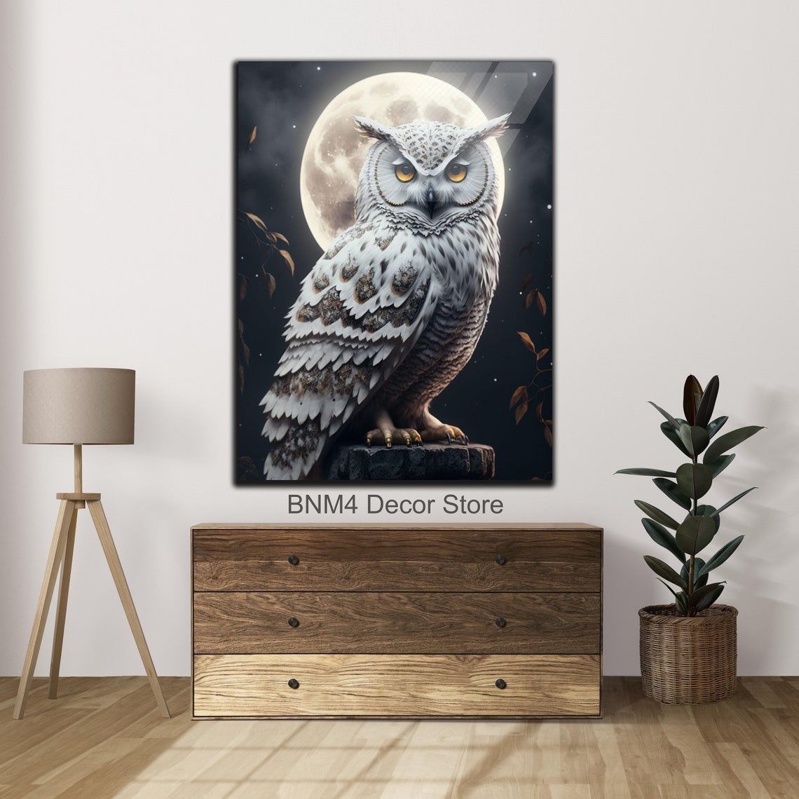 White Owl Golden Eyes Full Moon Night Forest Animal Glass Wall Art