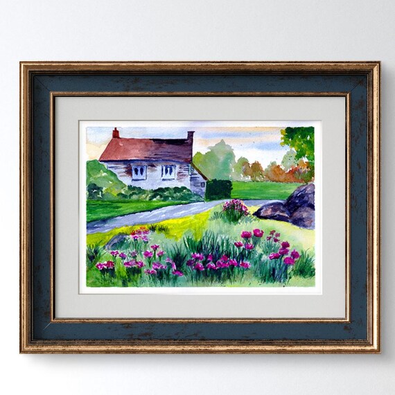 Country Cottage Pink Flower Garden Watercolor Painting Print