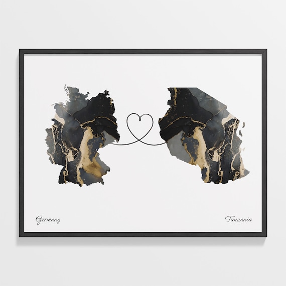 Germany Tanzania Heart Marble Map Couple Long Distance Poster