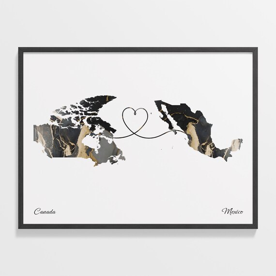 Canada To Mexico Long Distance Marble Map Heart Print Gift Art