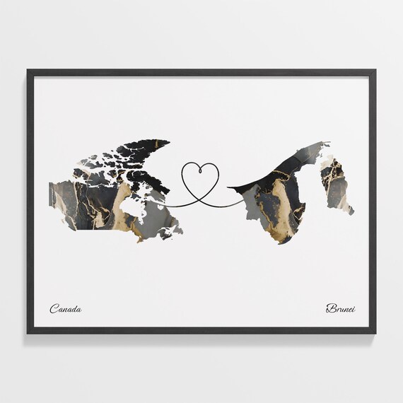 Canada To Brunei Marble Heart Map Two Country Long Distance Gift Poster