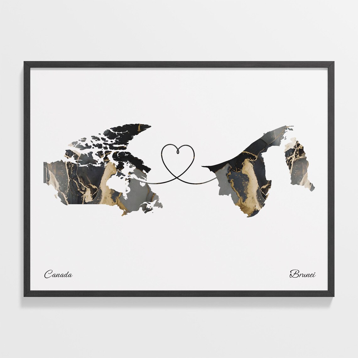 Canada To Brunei Marble Heart Map Two Country Long Distance Gift Poster