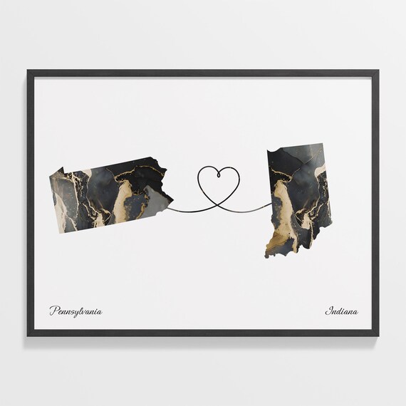 Pennsylvania to Indiana Marble State Map Heart Long Distance Connection Poster
