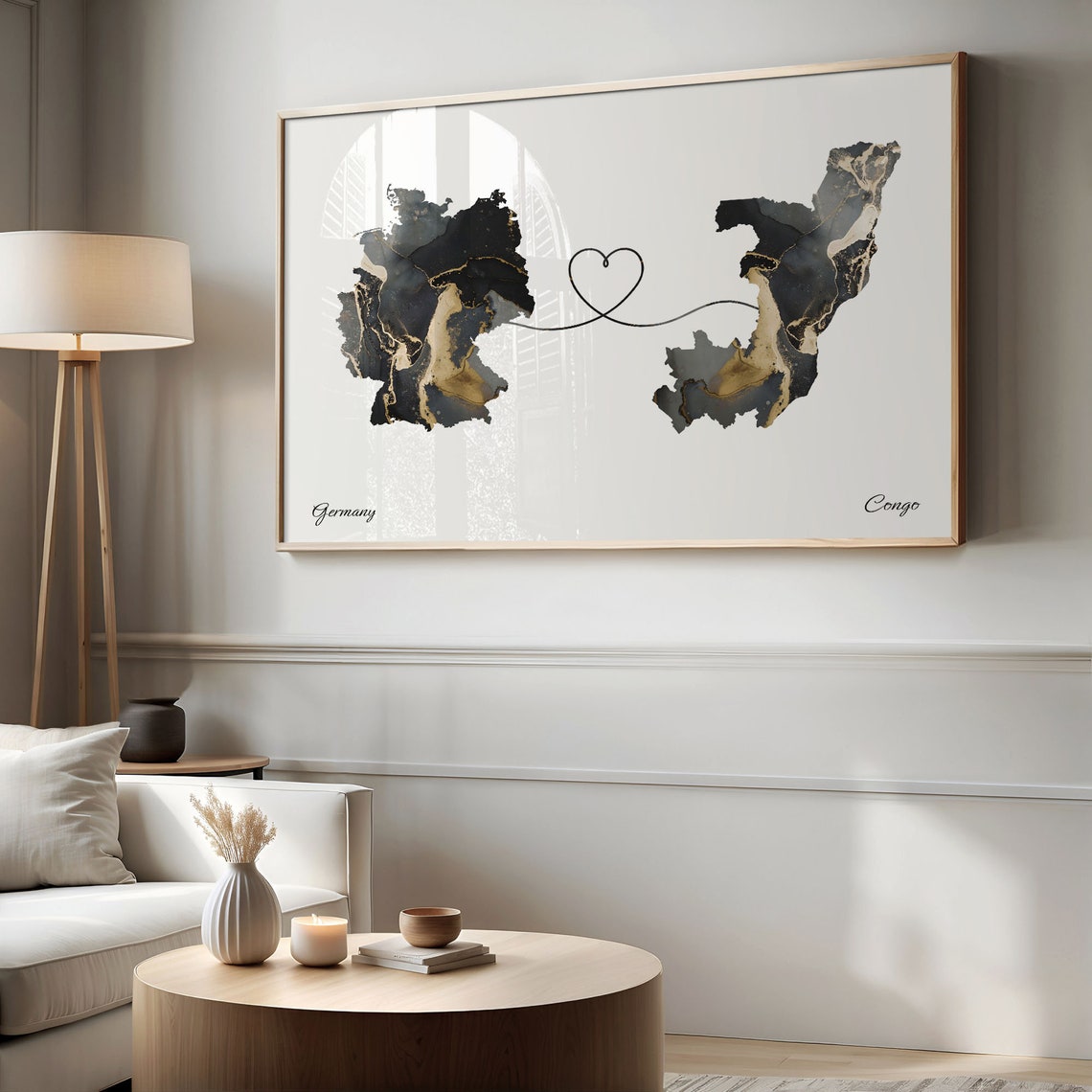Germany and Congo Marble Heart Connected Countries Map Poster - Image 2