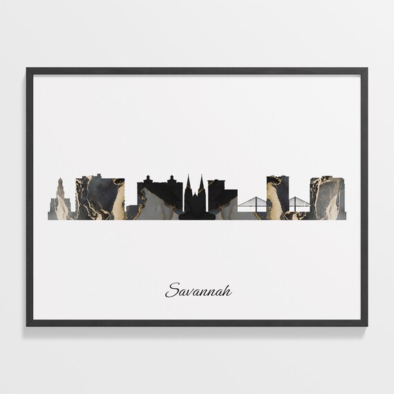 Savannah Luxury Black Gold Marble City Skyline Silhouette Poster