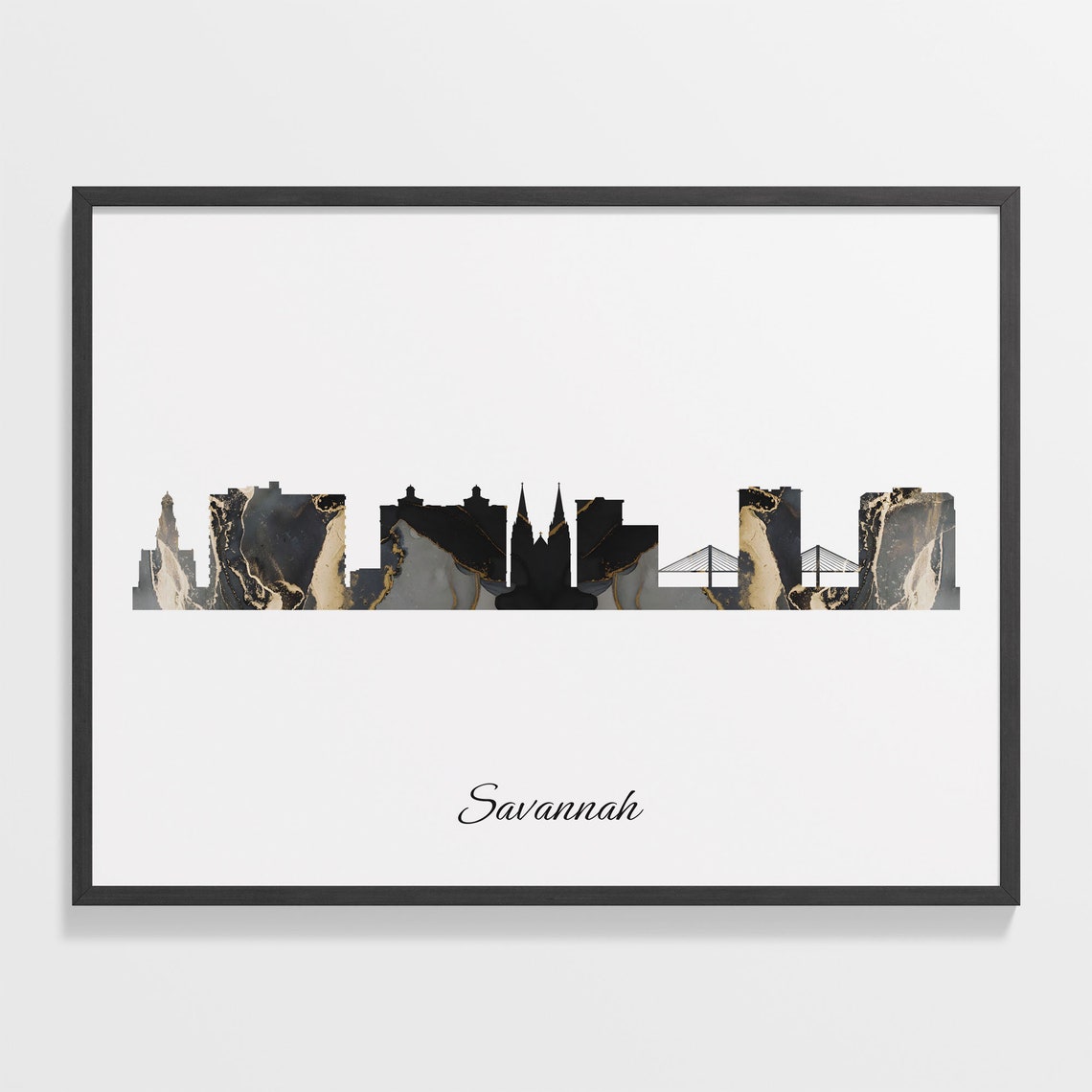 Savannah Luxury Black Gold Marble City Skyline Silhouette Poster