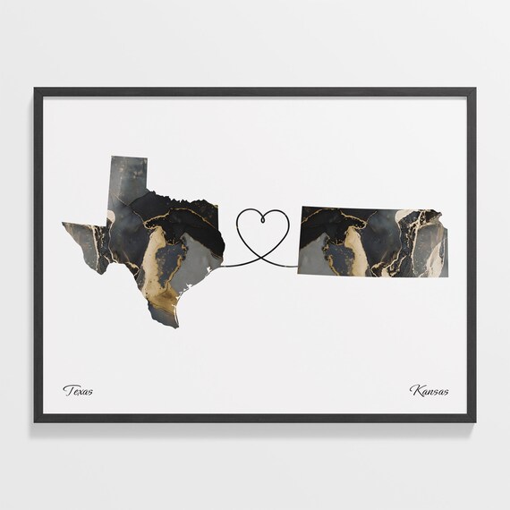 Texas To Kansas Long Distance Marble Map Heart Print Gift Art