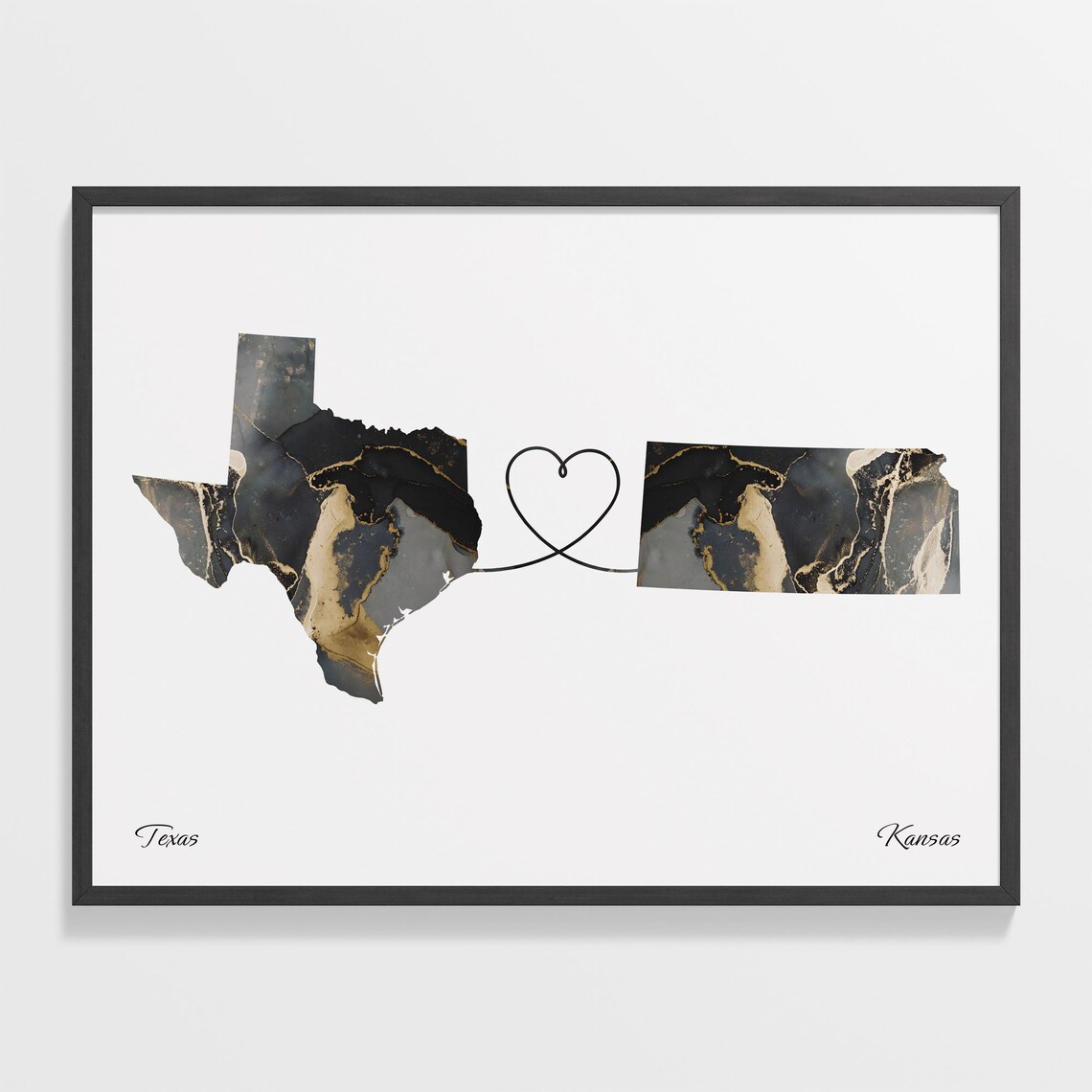 Texas To Kansas Long Distance Marble Map Heart Print Gift Art