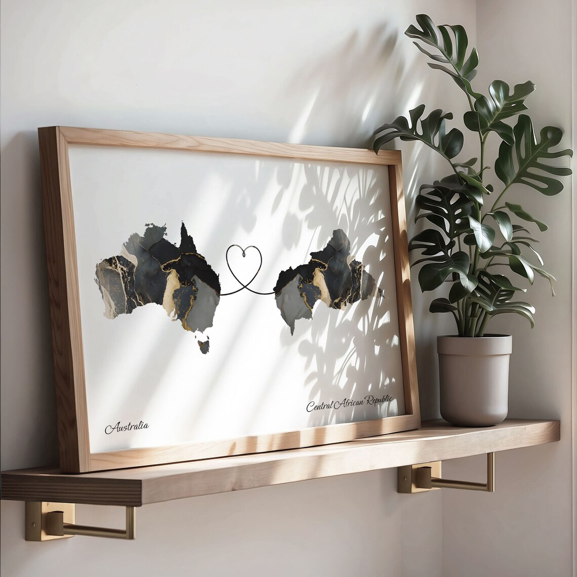 Australia and Central African Republic Black Marble Heart Connection Map Poster - Image 3