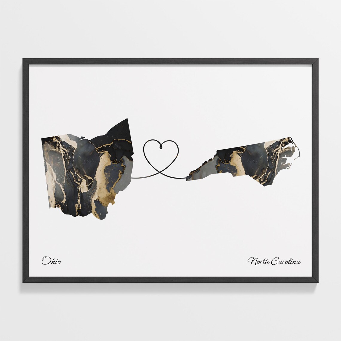 Ohio North Carolina Long Distance Black Gold Marble Heart Map Poster