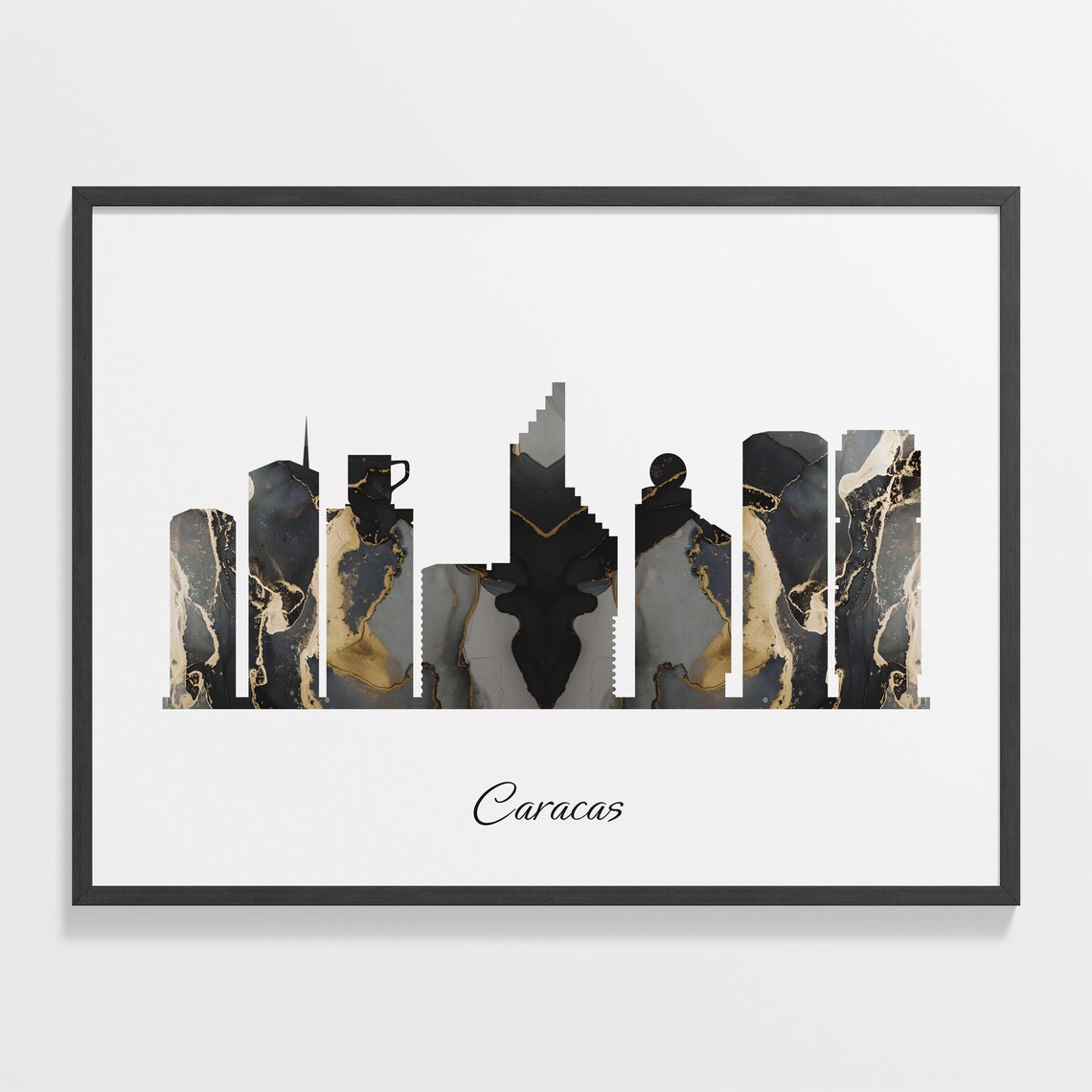 Caracas Venezuela Black Gold Marble Skyline Silhouette Art Poster