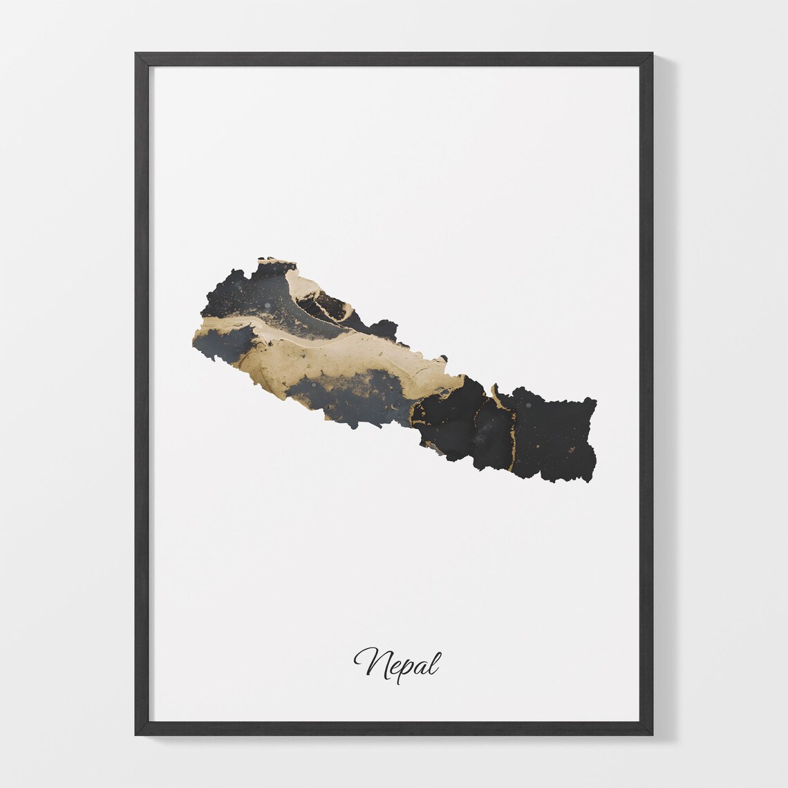Nepal Modern Black Gold Marble Country Map Office Wall Decor Art Poster