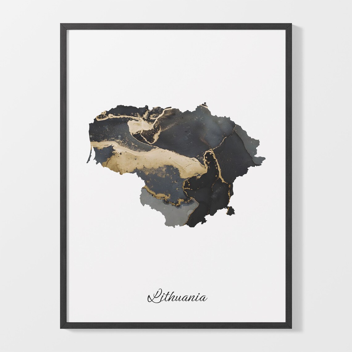 Lithuania Black Gold Marble Country Map Poster Home Decor Art
