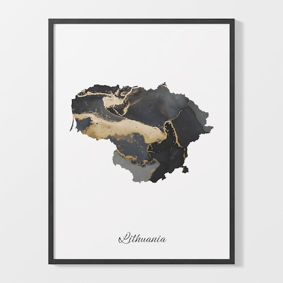 Lithuania Black Gold Marble Country Map Poster Home Decor Art