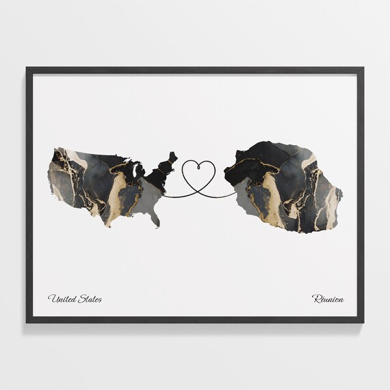 United States to Reunion Marble Heart Map Print Long Distance Couple Gift