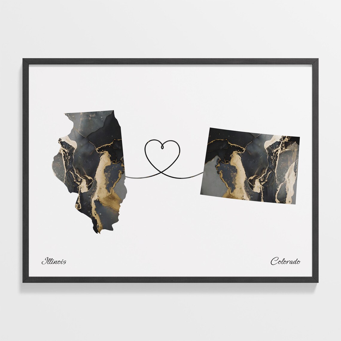 Illinois to Colorado Black Gold Marble Map Heart Connection Poster