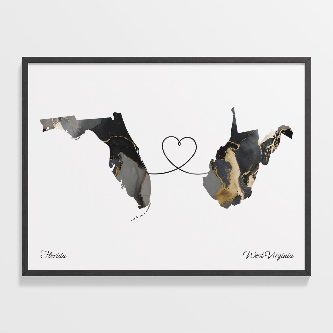 Florida West Virginia Marble State Map Poster Heart Line Moving Gift