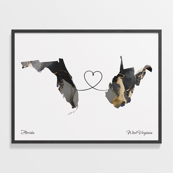 Florida West Virginia Marble State Map Poster Heart Line Moving Gift