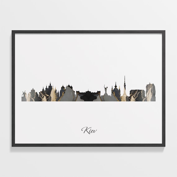Kiev Skyline Marble Cityscape Black and Gold Ukraine Travel Poster