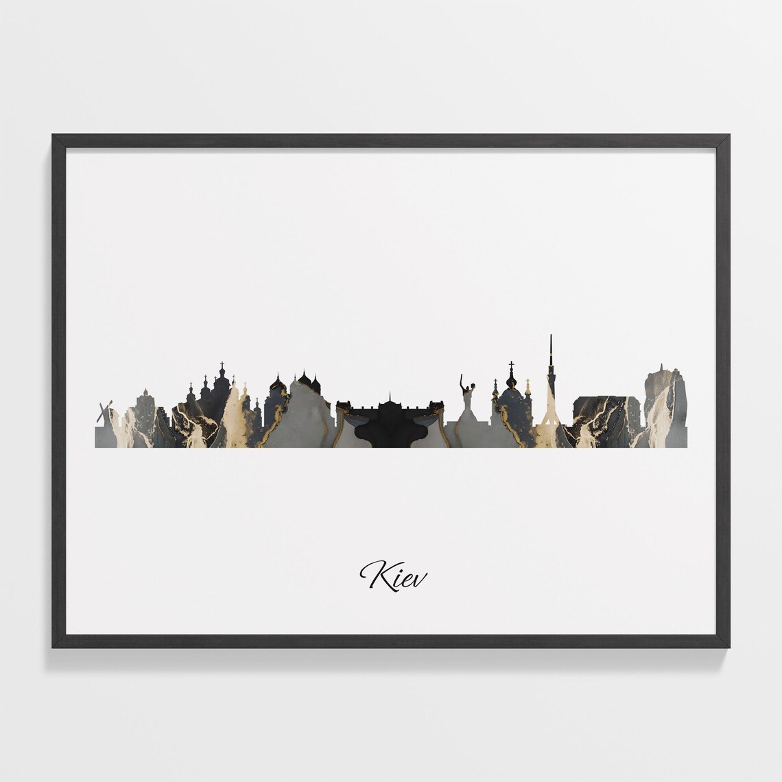 Kiev Skyline Marble Cityscape Black and Gold Ukraine Travel Poster